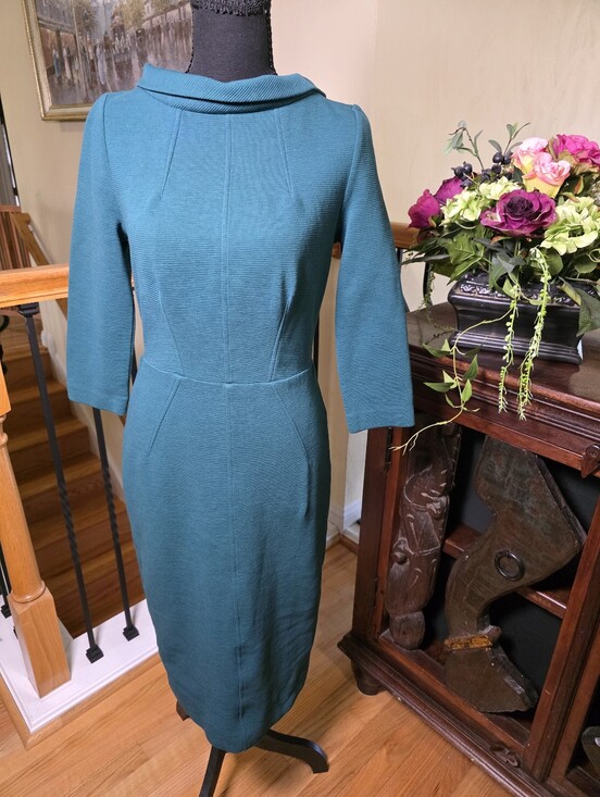 Boden Dresses & Skirts - Boden Textured Teal Green Portrait Collar Midi Sheath Dress Gold Back Zip 3/4 6